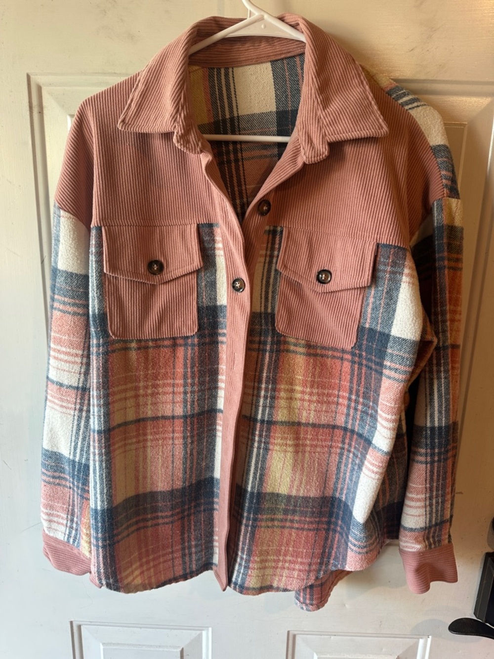 Corduroy & Plaid Shacket Jacket - Dusty Rose